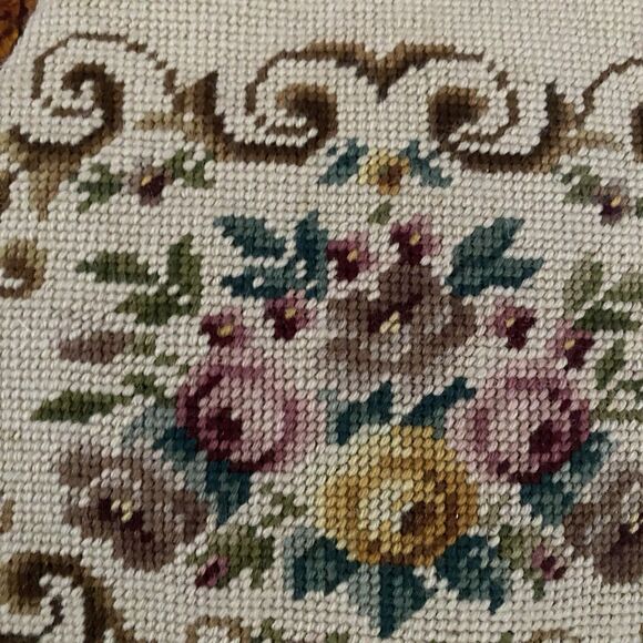 Vintage Handbag Needlepoint Floral Tortoise Handle Strap Mirror Comb Coin Purse - Picture 5 of 16